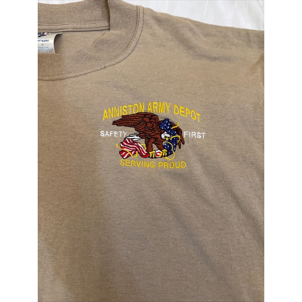 Vintage Anniston Army Depot Safety First Serving Proud T-Shirt USA Size Large